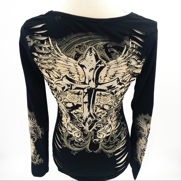 Rhinestone embellished cross w/ wings, long sleeve, slashed peekaboo back Harley - Picture 6 of 7